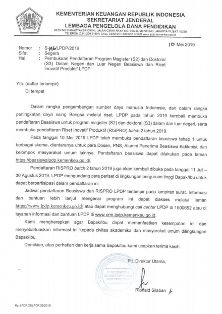 Pendaftaran Beasiswa Riset Inovatif LPDP 2019