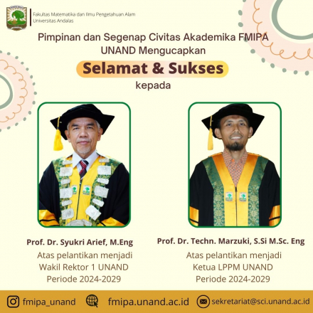 Dekan FMIPA Unand Prof. Dr. Syukri Arief, M.Eng Dilantik Jadi WR1 Unand